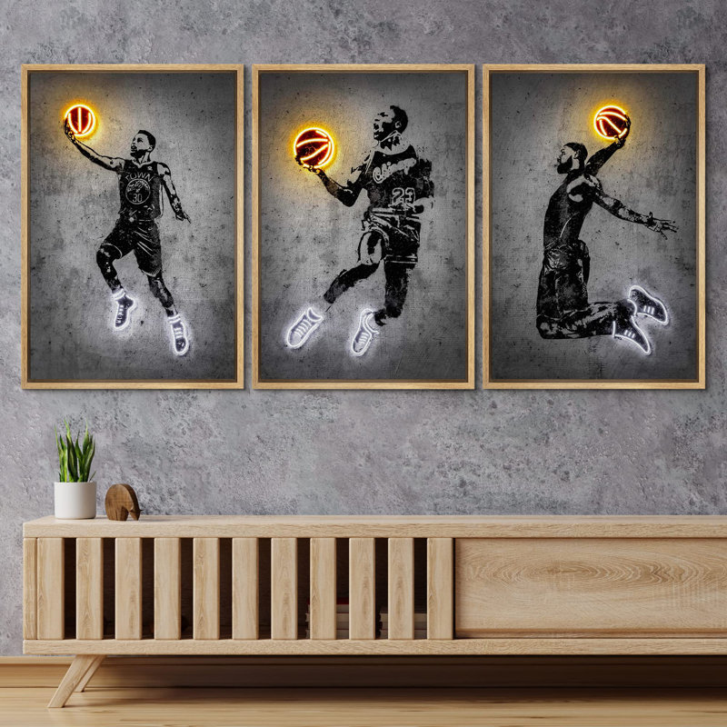 «White and Yellow Neon Effect» - Joueur de basket-ball Slam Dunk, H 24 po x l 48 po, Cadre naturel flottant