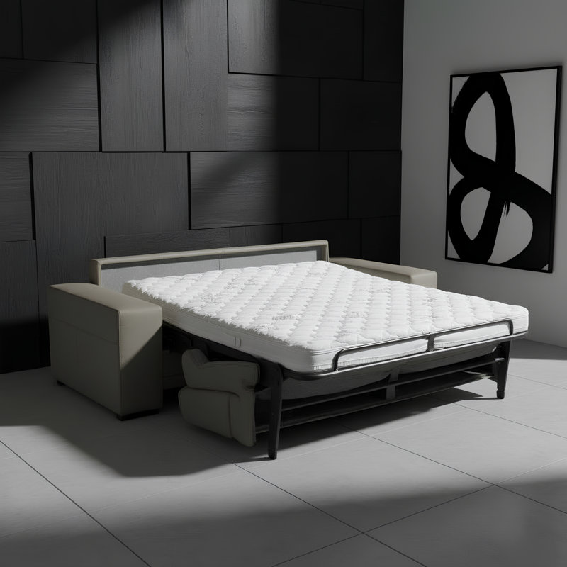 Mo 88" Genuine Italian Top Grain Leather Wide Square Arm Sleeper Sofa Bed with Memory Foam Mattress
