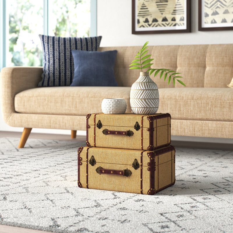 Hamachi Wooden Nesting Upholstered Decorative Beige Trunk with Vintage Accents and Studs Set