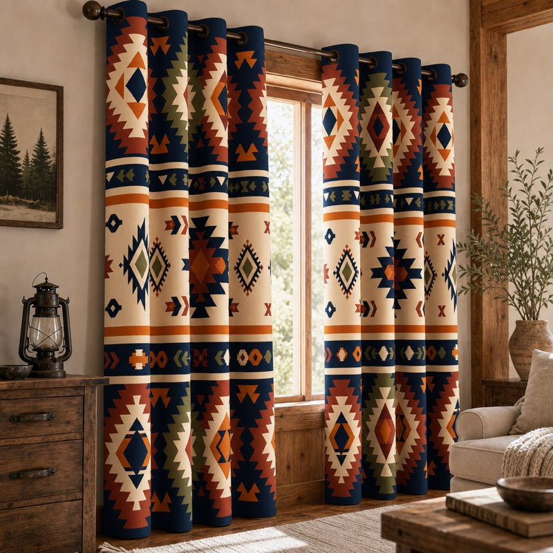 2 pièces rideaux bloquant le soleil du Sud-Ouest, style aztèque tribal, fenêtre de style bohème rustique avec anneau pour la décoration du salon et de la chambre à coucher