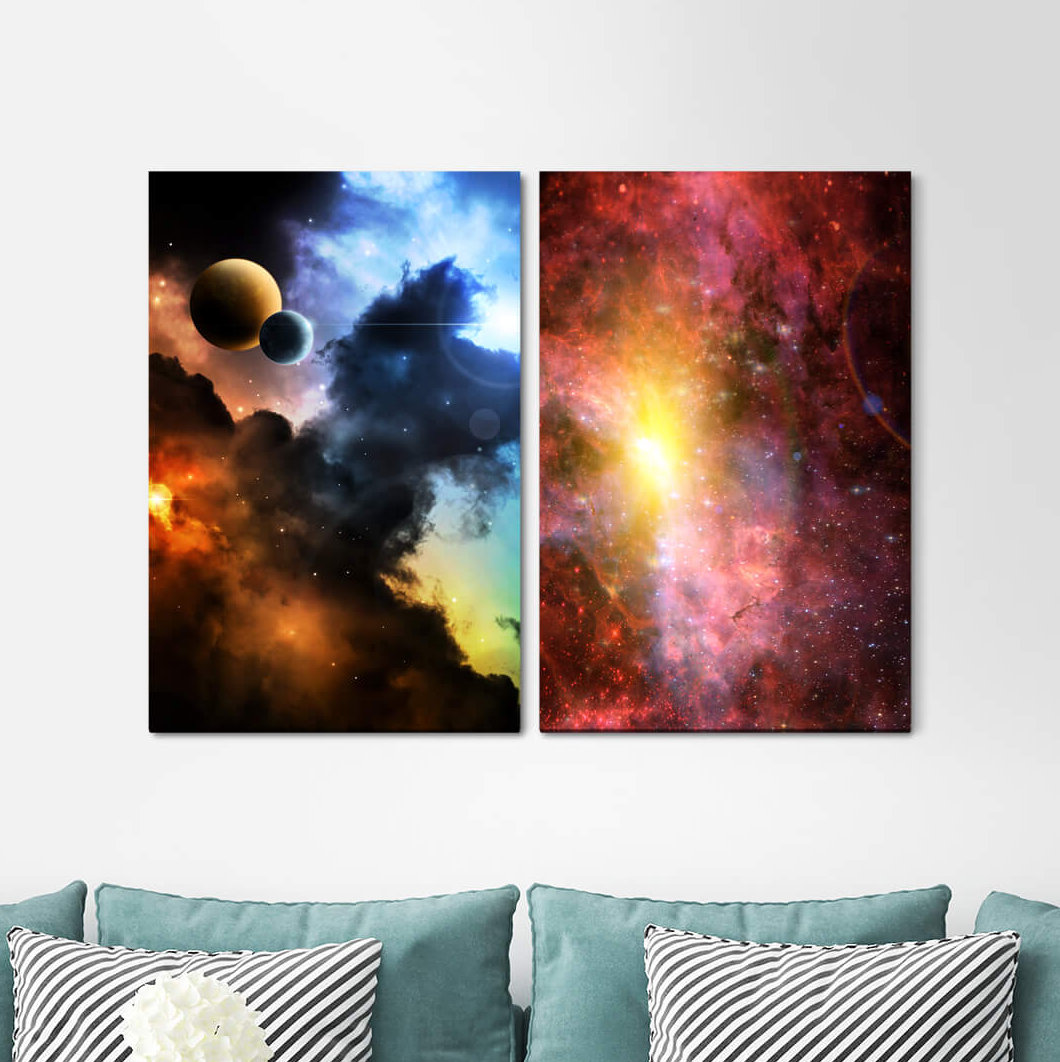 2-tlg. Leinwandbilder-Set - Grafikdruck „Nebula Planets Universe Space Galaxy Picturesque Fantasy”