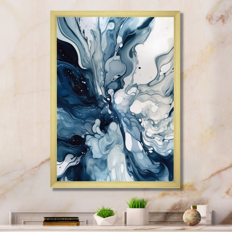 «Blue Grey Ethereal Elixir I», art mural abstrait, H 44 po x l 34 po, Doré, Cadre photo unique