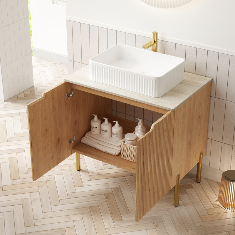 Meuble-lavabo moderne de 76 cm (30 po) avec comptoir en pierre frittée, lavabo rectangulaire blanc, armoire en contreplaqué, 2 portes à fermeture amortie, pour une utilisation autoportante. Comprend un comptoir à motif céramique et du rangement.