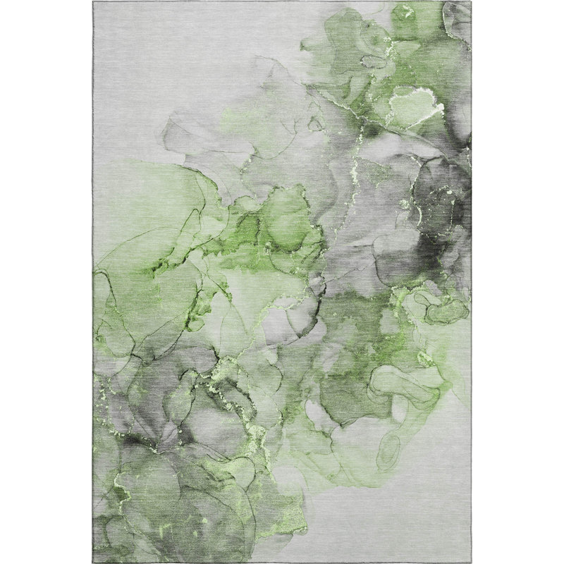 Premium Machine Washable Cerrito AMF520 Green Rug, Rectangle 3' x 5'