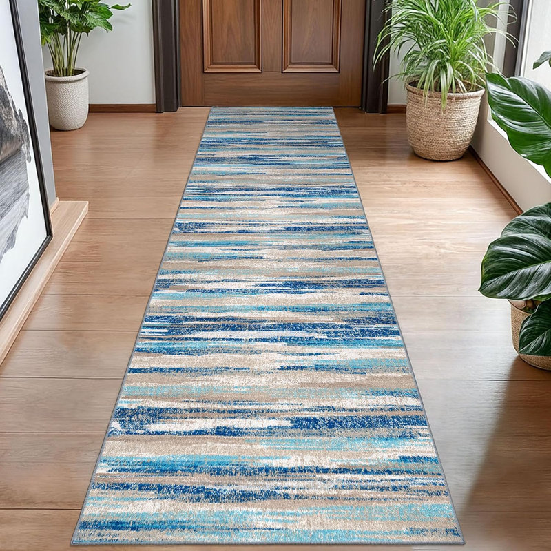 Washable Kitchen Runner Rug Non-Slip, 2' x 8' (Runner), Blue Aqua/Beige Taupe