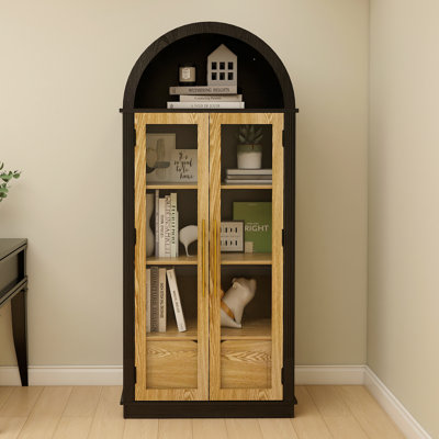 71'' Tall Arched Storage Cabinet With Glass Doors, Drawer & Metal Handles, Vintage Modern Display Cabinet For Living Room, Kitchen, Or Bedroom