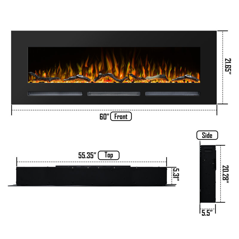 Aarryn Symple Stuff Black Electric Fireplace Insert, 21.65" H x 60" W x 5.5" D