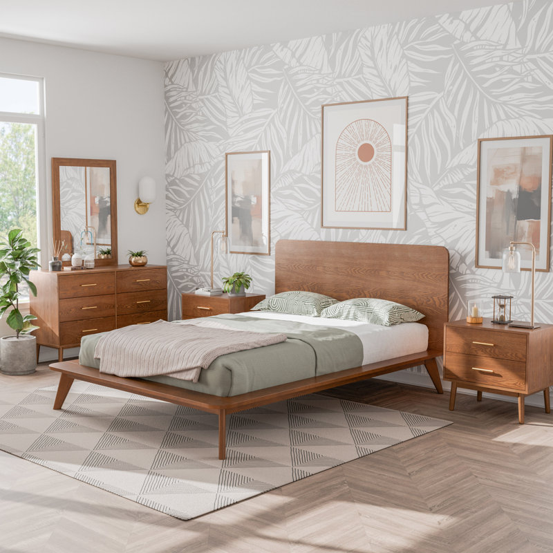 Ensemble de chambre avec lit plateforme 5 pièces Nevio, Cinq pièces : Lit, 2 tables de chevet, commode, m, Grand lit