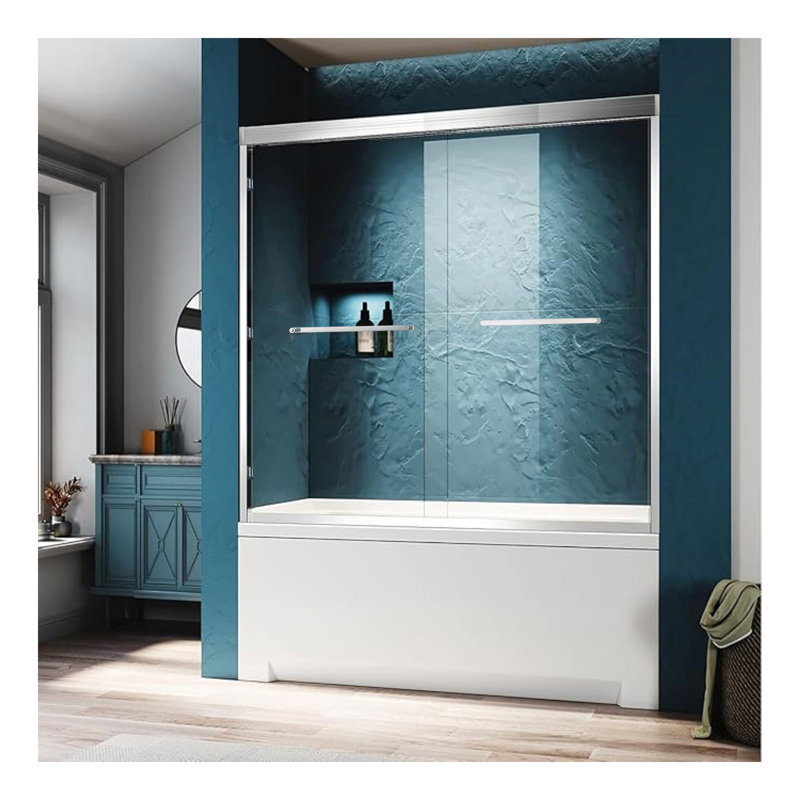 Double porte de douche coulissante pour baignoire, cadre en alliage d'aluminium chromé, verre trempé clair de 1/4 po (6 mm) d'épaisseur.