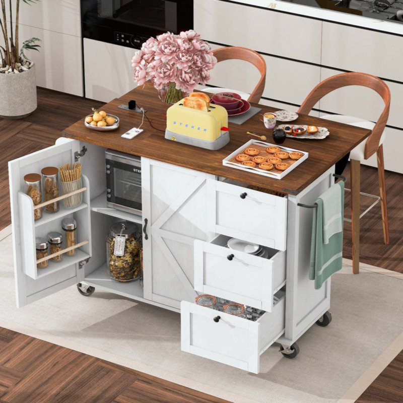 Îlot de cuisine de ferme avec prise de courant, îlot de rangement de cuisine avec support de rangement interne, abattant, support à épices, chariot de cuisine sur roulettes, pour la maison, la cuisine et la salle à manger