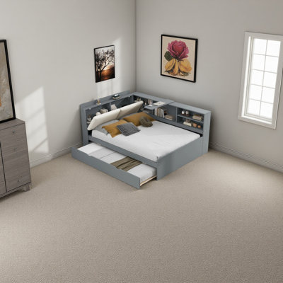 Full Size Corner Bed Frame With Trundle And Bookcase