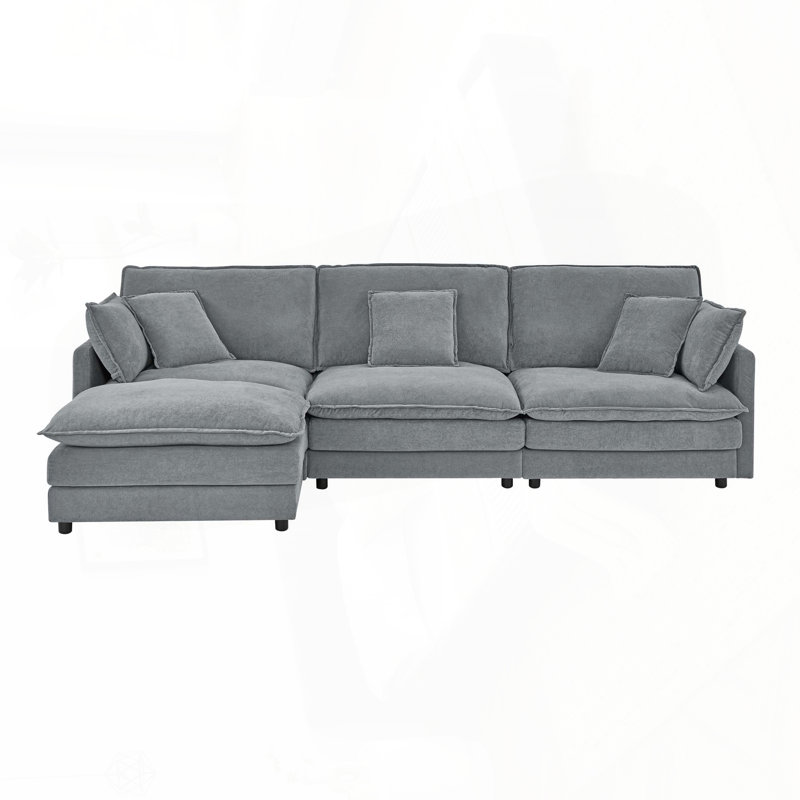 Canapé modulaire en L avec repose-pieds - Tissu convertible 4 places, serviette, Gris
