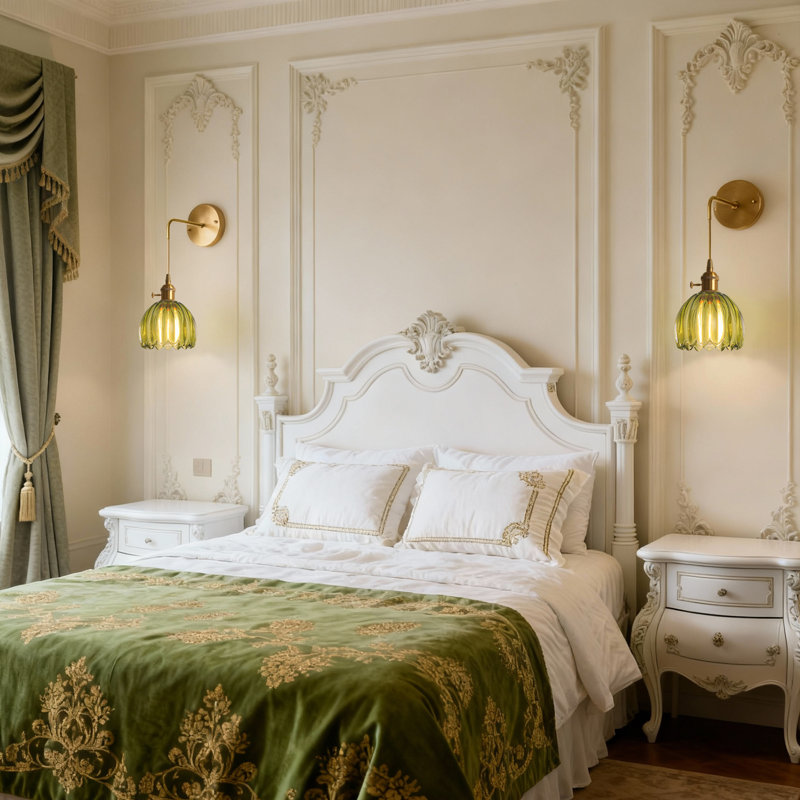 Bronze Armed Wall Sconces With Green Class Shade