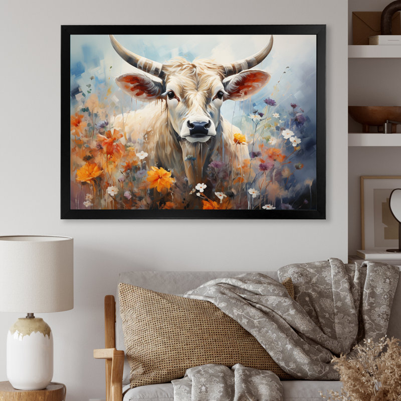 Vache harmonie florale II - imprimé, H 24 po x l 32 po x P 1 po, Cadre photo noir