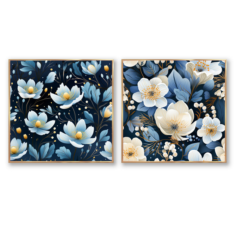 Heald - Ensemble de 2 collages carrés floraux, H 16 po x l 33 po, Cadre flottant doré