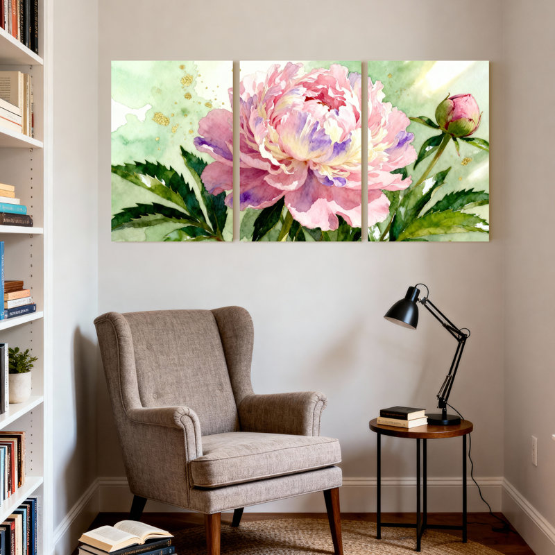 Pivoine fleur peinture à l'aquarelle sur toile tendue ensemble de 3 panneaux pour salon chambre à coucher, H 18 po x l 36 po