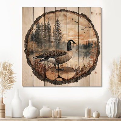 Canadian Goose In Forest Lake Landscape III - Goose Animal Wood Wall Art - On Natural Pine Wood