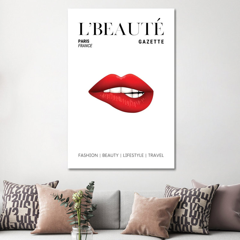 L'Beaute Beauty Magazine Cover With Red Lipstick On Bitten Lips by Design Harvest - Wrapped Canvas Print