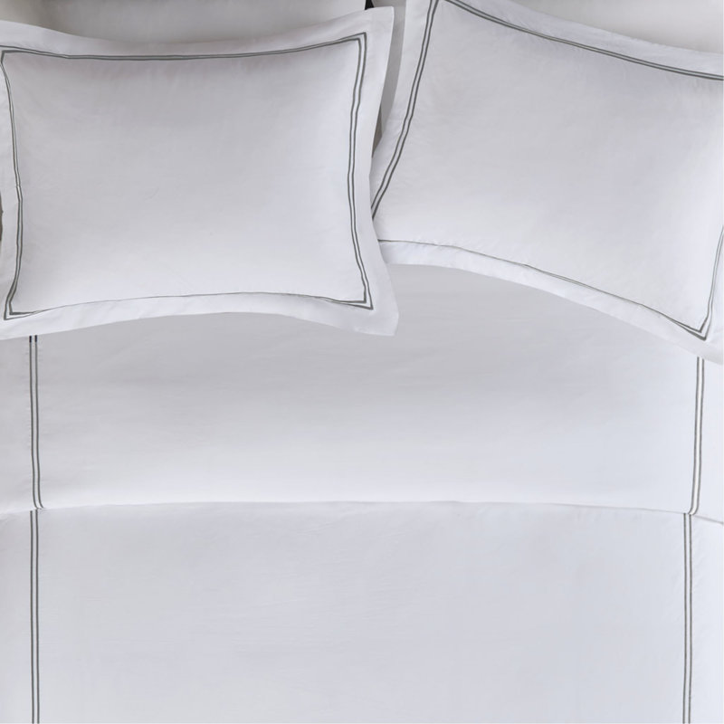 Ensemble d'édredon 100% satin de coton brodé double / grand, Blanc / Gris, Édredon de grand lit + 4 pièces additionnelles