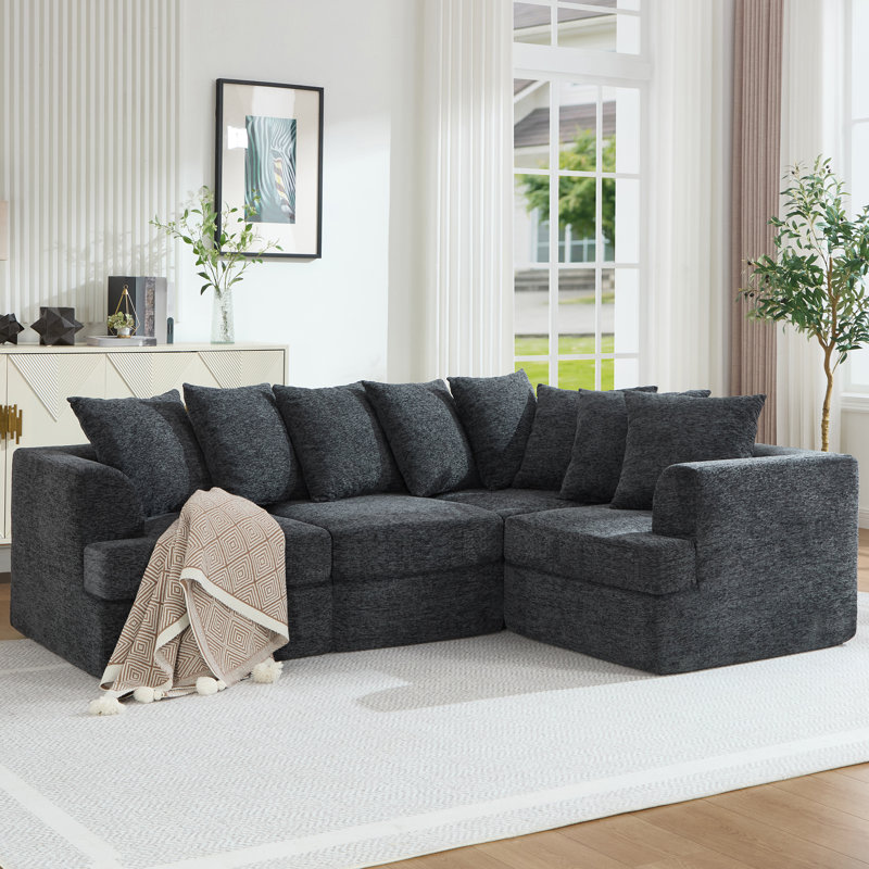226cm L-Shape Gray Chenille Upholstered Modular Sectional Sofa with Armrests and Throw Pillows for Living Room