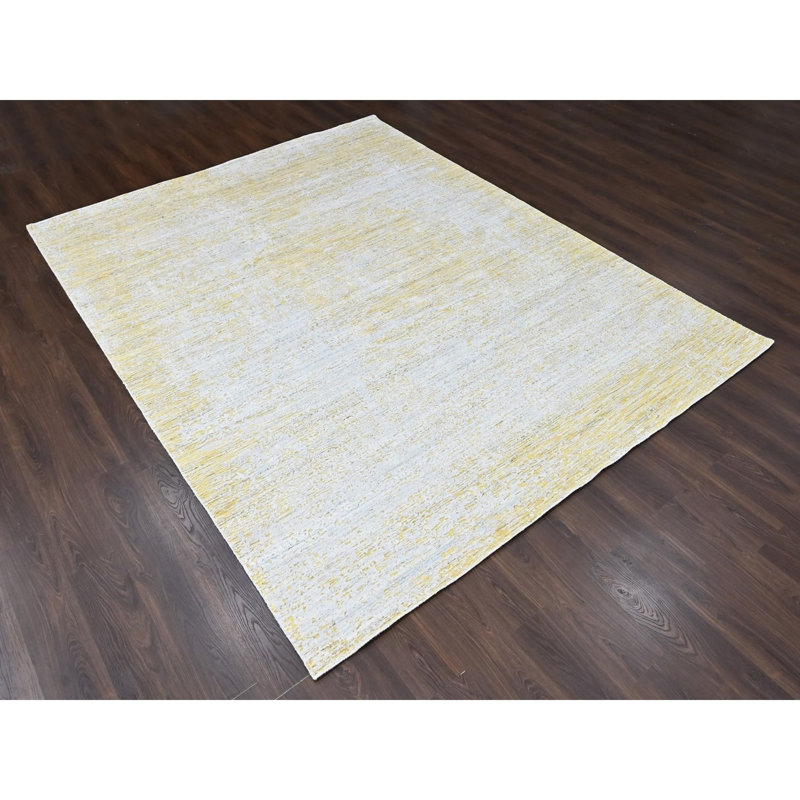 Tapis oriental de style moderne 9 pi x 9 pi, jaune, macaron, tissé à la main, en laine et en soie à base de plantes