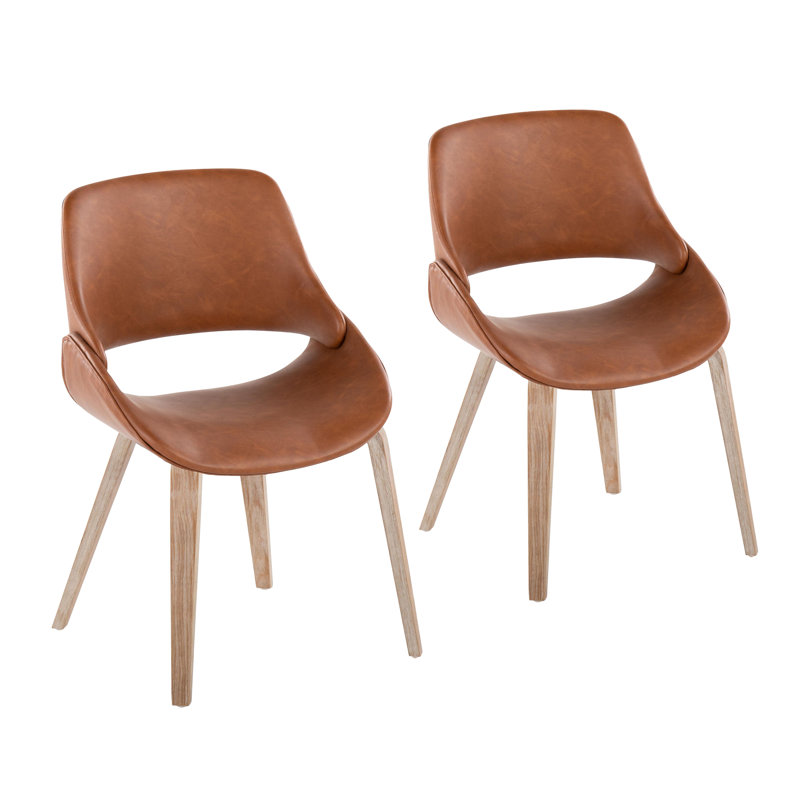 Najrin Upholstered Side Chair with Bent Wood Legs, Camel Faux Leather, White Washed Bent Wood