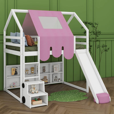 Lit mezzanine en bois avec cadre en forme de maison et auvent de style tente