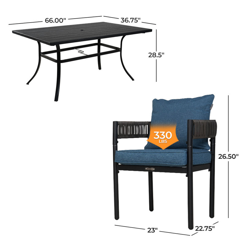 7-Piece Wicker Dining Set With Detachable All-Steel Frame Table, Dark Blue Cushion/Brown Frame