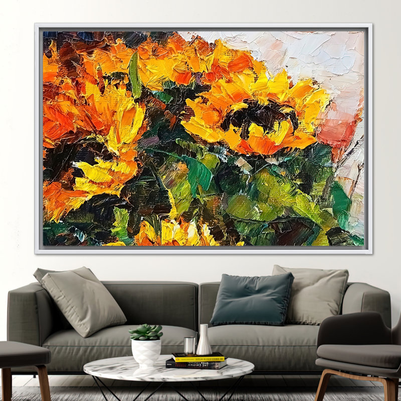 «Sunflower Bouquet Abstract Wall Art», affiche sur toile botanique contemporaine pour la décoration intérieure, Blanc