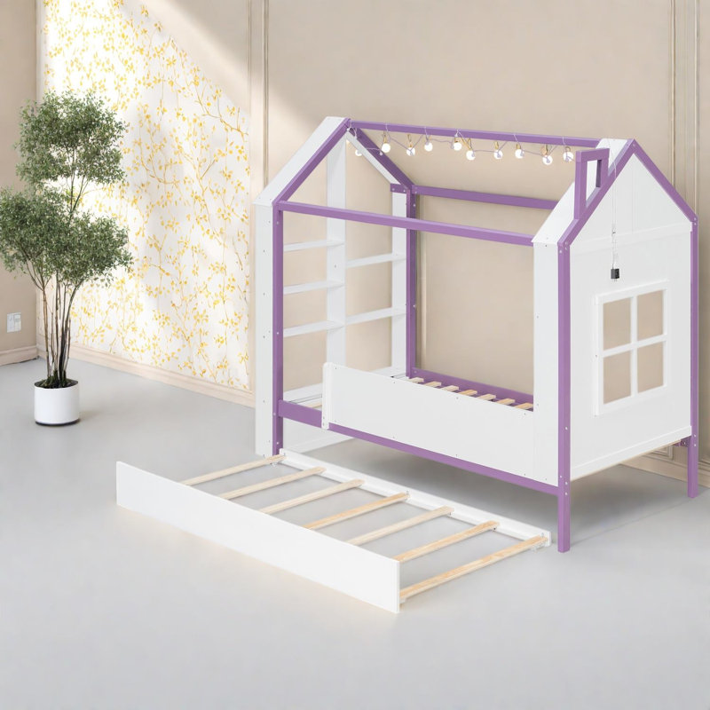 Lits jumeaux avec lit gigogne de rangement, bois de pin en MDF, chambre moderne blanche et violette, White 1