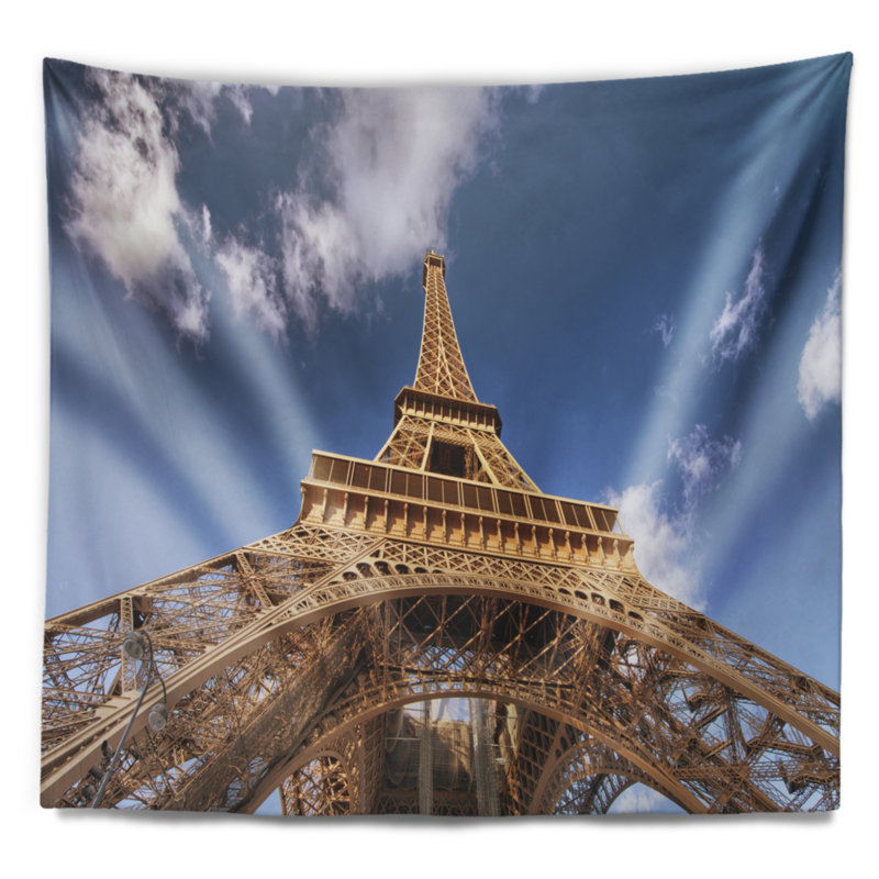 Tapisserie bleu ciel avec accessoires suspendus en polyester cityscape belle vue de la tour eiffel, H 32 po x l 39 po