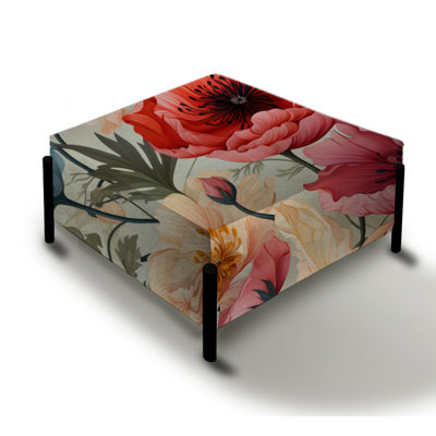 Red And Beige Poppy Mosaic Melody - Eclectic Large Square Ottoman