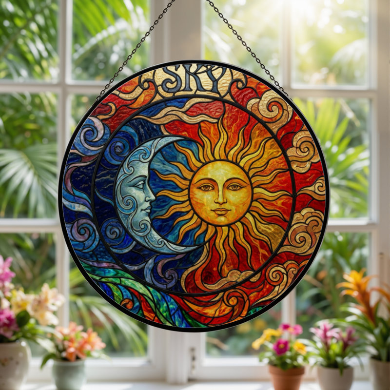 Panneau de vitrail en verre coloré H 7,8 po Sun Moon, 7.8" H x 7.8" W