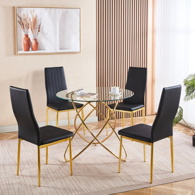 5 Pieces Dining : 1+4 Mid - Century Table With Glass Top, Fashionable And Stable, Simple To Assemble, For 4 6 People, Black Gold, Metal Low After Sale