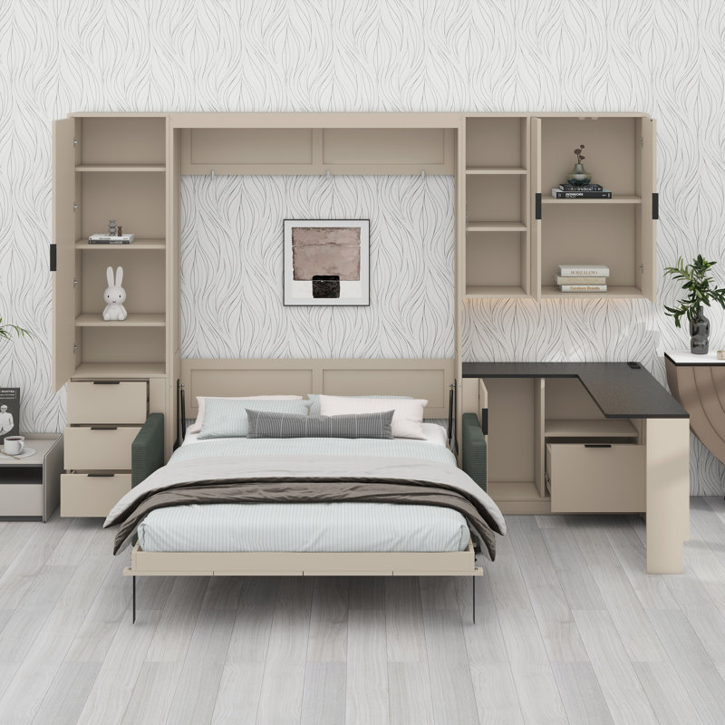 Lit escamotable avec rangement hydraulique, canapé, tablettes et tiroirs Murphy, Beige