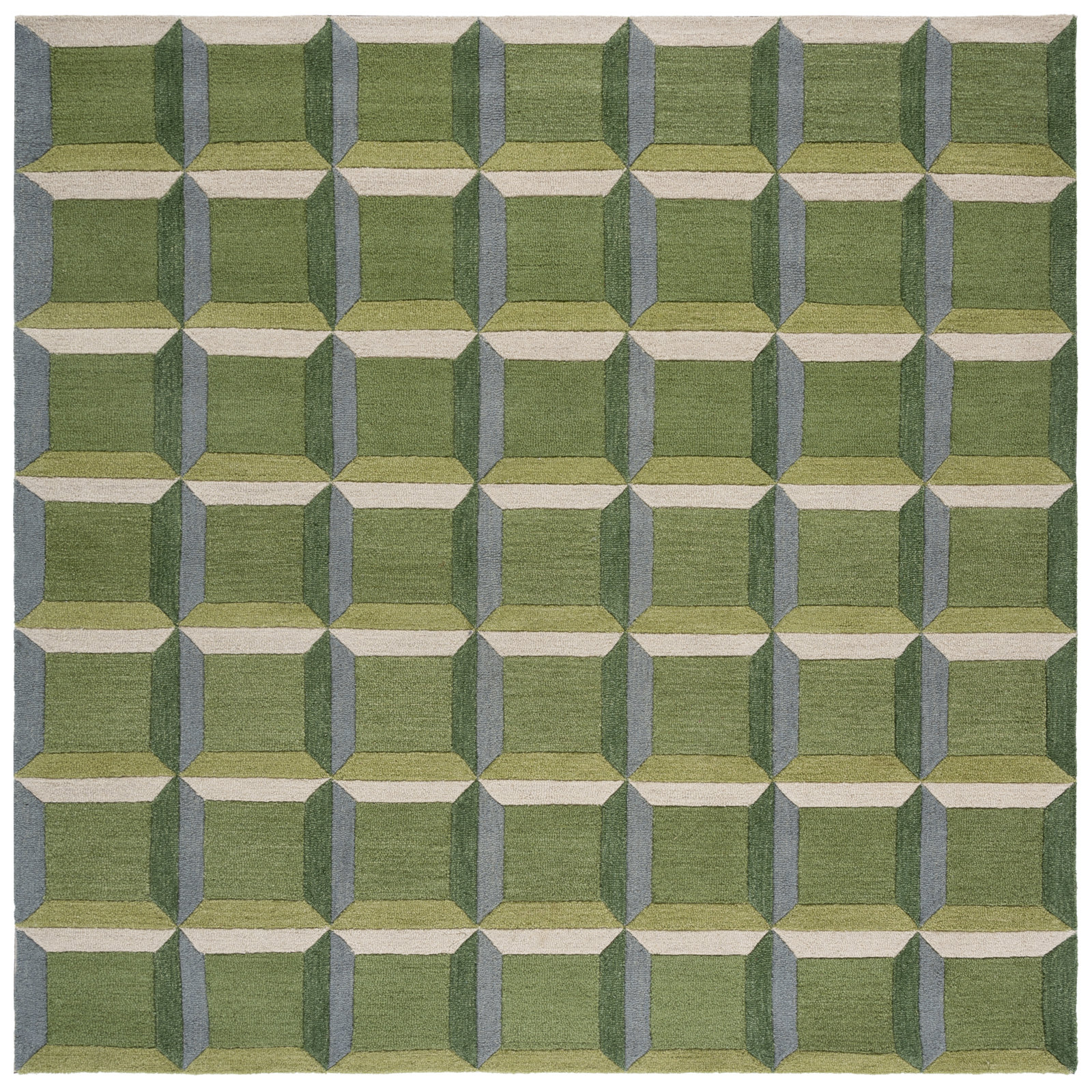 Giedre Green Beige Hand-Tufted Wool Rug, Square 3'