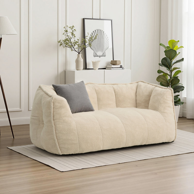Kirtis Oversized Teddy Fabric Bean Bag Chair Foam Filled Double Seater for Living Room, White