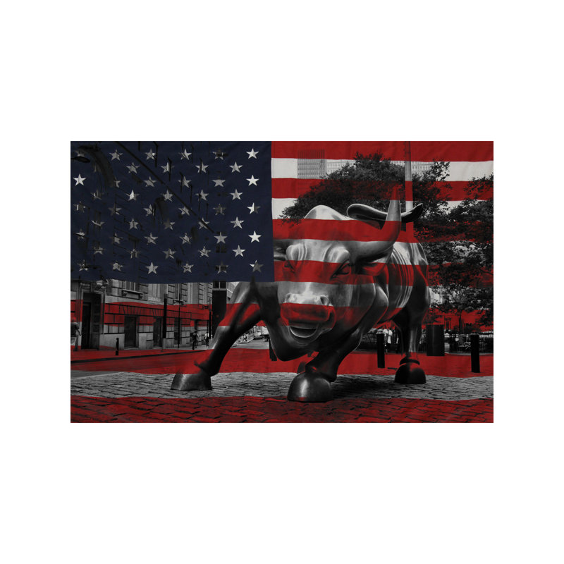 New York - Wall Street Charging Bull, Us Flag - Print on Canvas, No Frame, 66.04 cm H x 45.72 cm W x 3.175 cm D