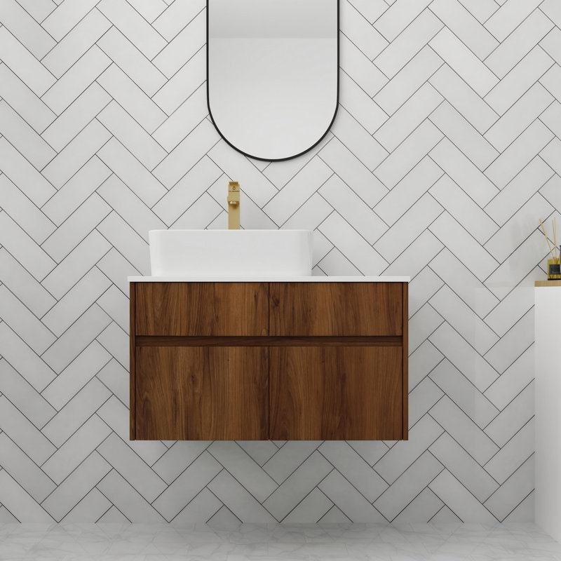 Meuble-lavabo simple de 81 cm (32 po) avec lavabo en céramique, meuble-lavabo suspendu avec porte et tiroir à fermeture amortie