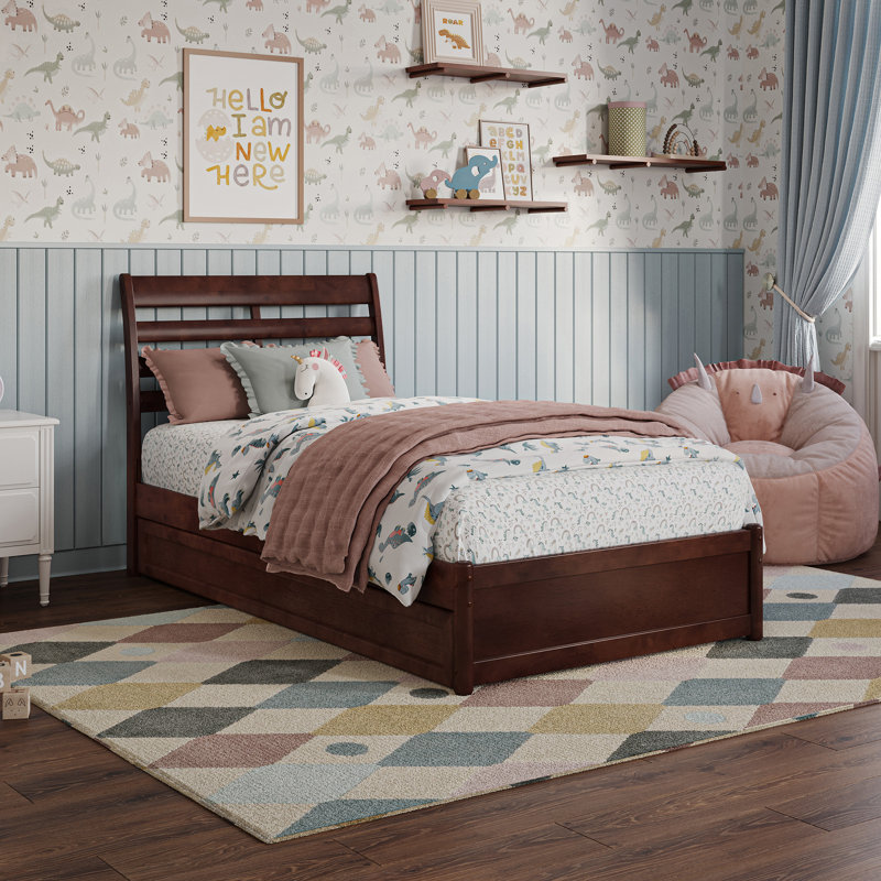 Lamareon Solid Wood Platform Bed with Footboard & Roll Out Trundle Bed, Twin, Walnut