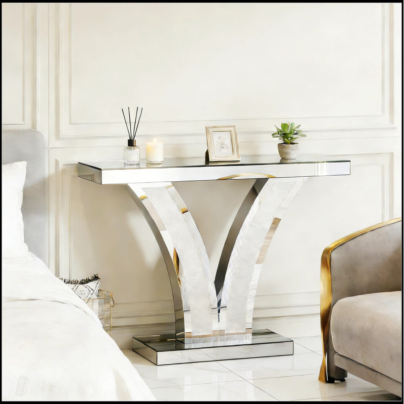 Table de vestibule en forme de V, table d'appoint en miroir, console avec finition réfléchissante pour une élégance moderne et une mise en valeur de l'espace