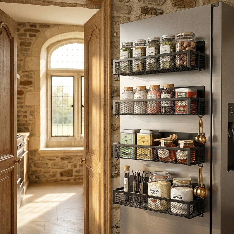 4-Pack Magnetic Fridge Organizer Shelves with Hooks