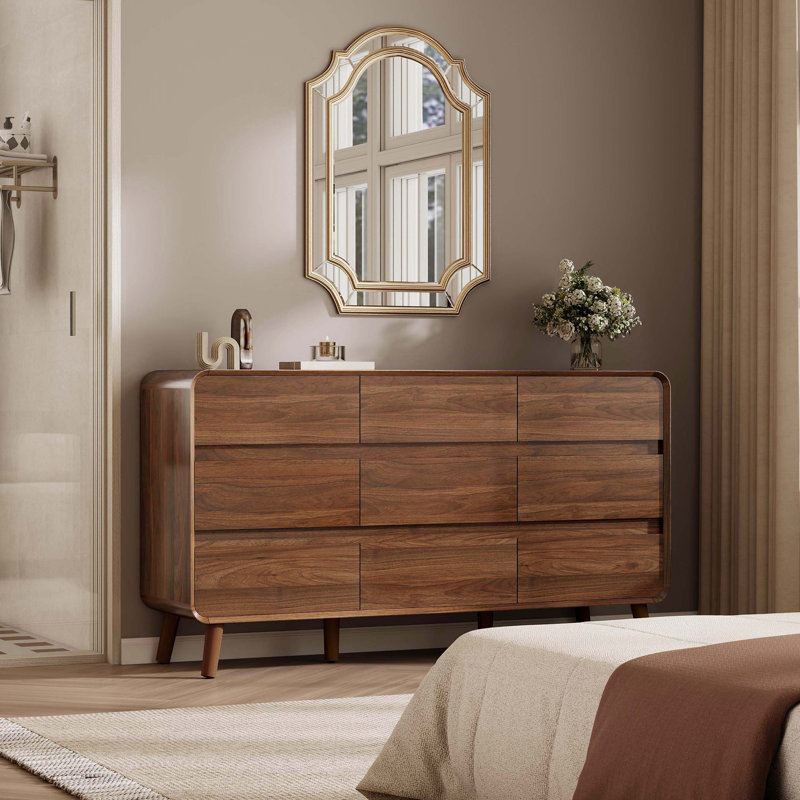 Commode de chambre à coucher avec 9 tiroirs au fini noyer, commode haute et commode, P 15,8 po x l 55 po x H 30,7 po, Noyer