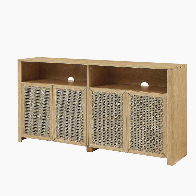 Buffet en rotin 63 po avec rangement, crédence de bar à vin rétro, grande console média