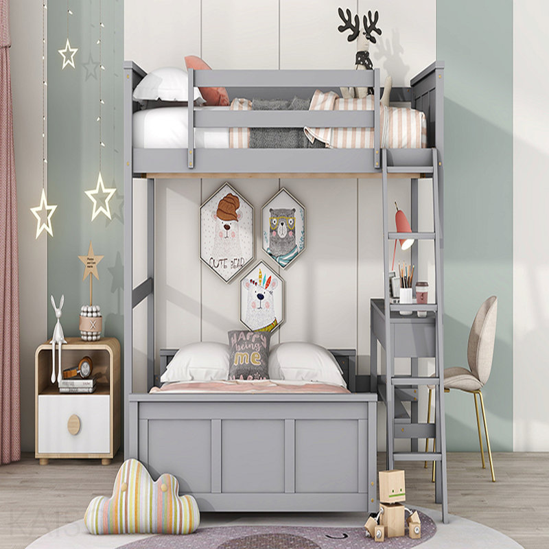 Lit double superposé au dessus d'un lit double avec bureau, gris, Grey