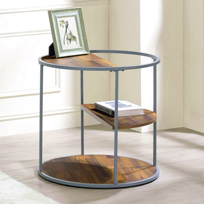 Table de bout à 1 demi-tablette unique de style industriel avec finition grise et noyer et trois tablettes avec structure thermolaquée - non incluse