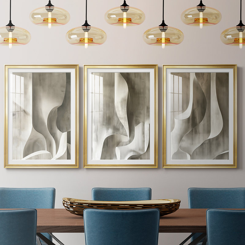 ABSTRACT Series CDLXIX - Impression sur mesure encadrée de qualité supérieure - 3 pièces, H 27 po x l 57 po, Doré