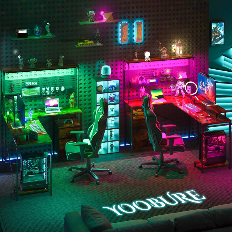 L-shaped Computer Desk With Power Outlets And Pegboard, Reversible Led Office Desk With Drawes And Storage Shelves, Gaming Desk With Monitor Stand