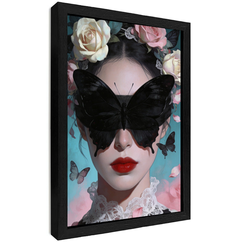 Reproduction d'art encadré noir avec papillon et fille recouverte de fleurs, H 37 po x l 25 po