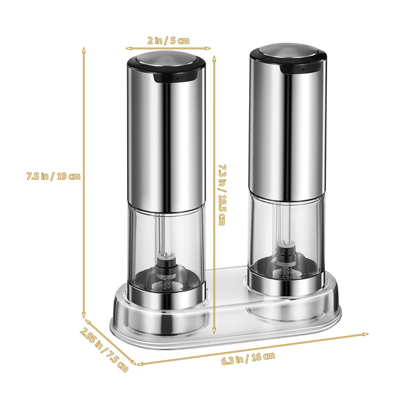 2 Pcs Electric Pepper Grinder: Kitchen Salt Grinder - Stainless Steel Automatic Mill With Base